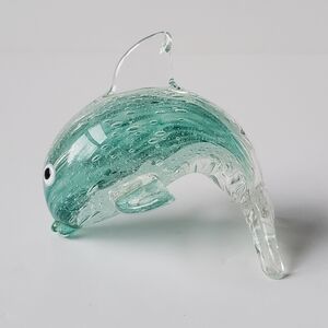 Blown Glass Dolphin Paperweight Figurine Teal Bubbles
